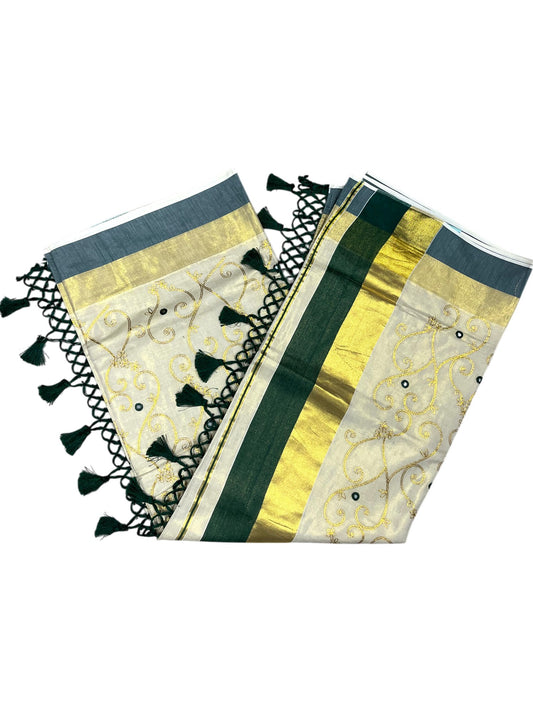 Kerala Tissue Kasavu Stripes Saree with Gold and Green Floral Embroidery Design on Body