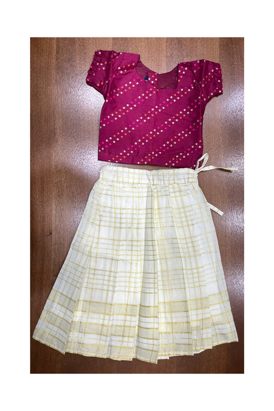 Southloom Kerala Maroon And Tissue Kasave Pavada Blouse with Bead Work for Kids (Age 1 - 5)