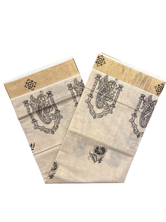 Kerala Tissue Kasavu Saree with Black Floral Block Printed Designs