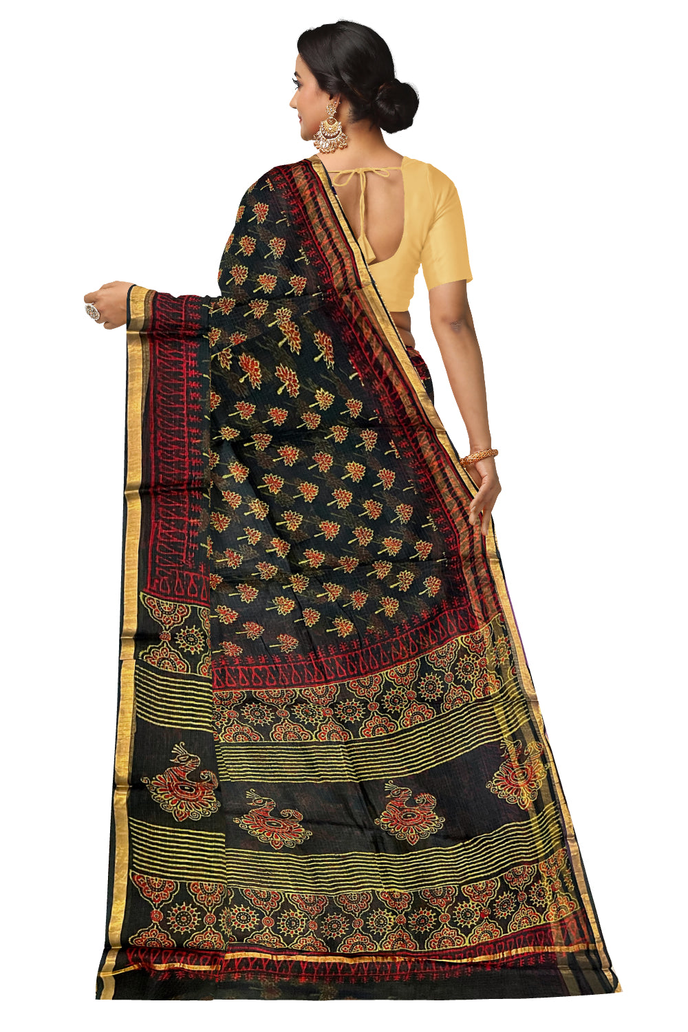 Southloom Kota Fabric Floral Printed Dark Green Saree