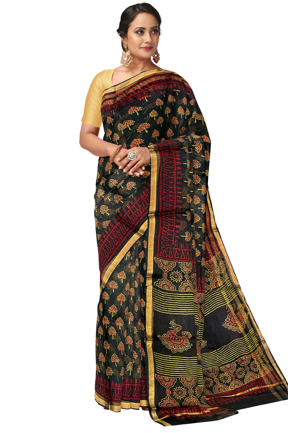 Southloom Kota Fabric Floral Printed Dark Green Saree