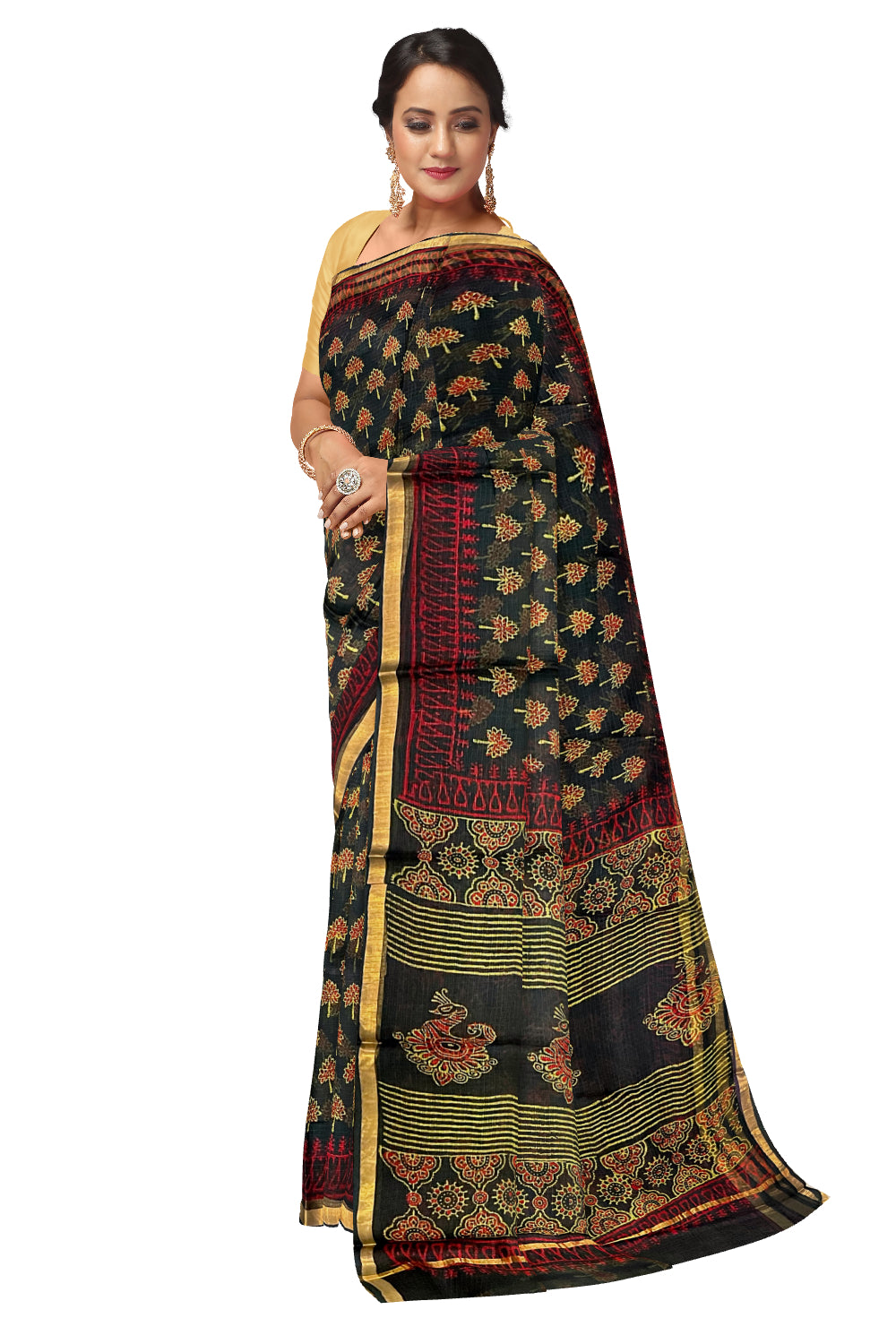 Southloom Kota Fabric Floral Printed Dark Green Saree