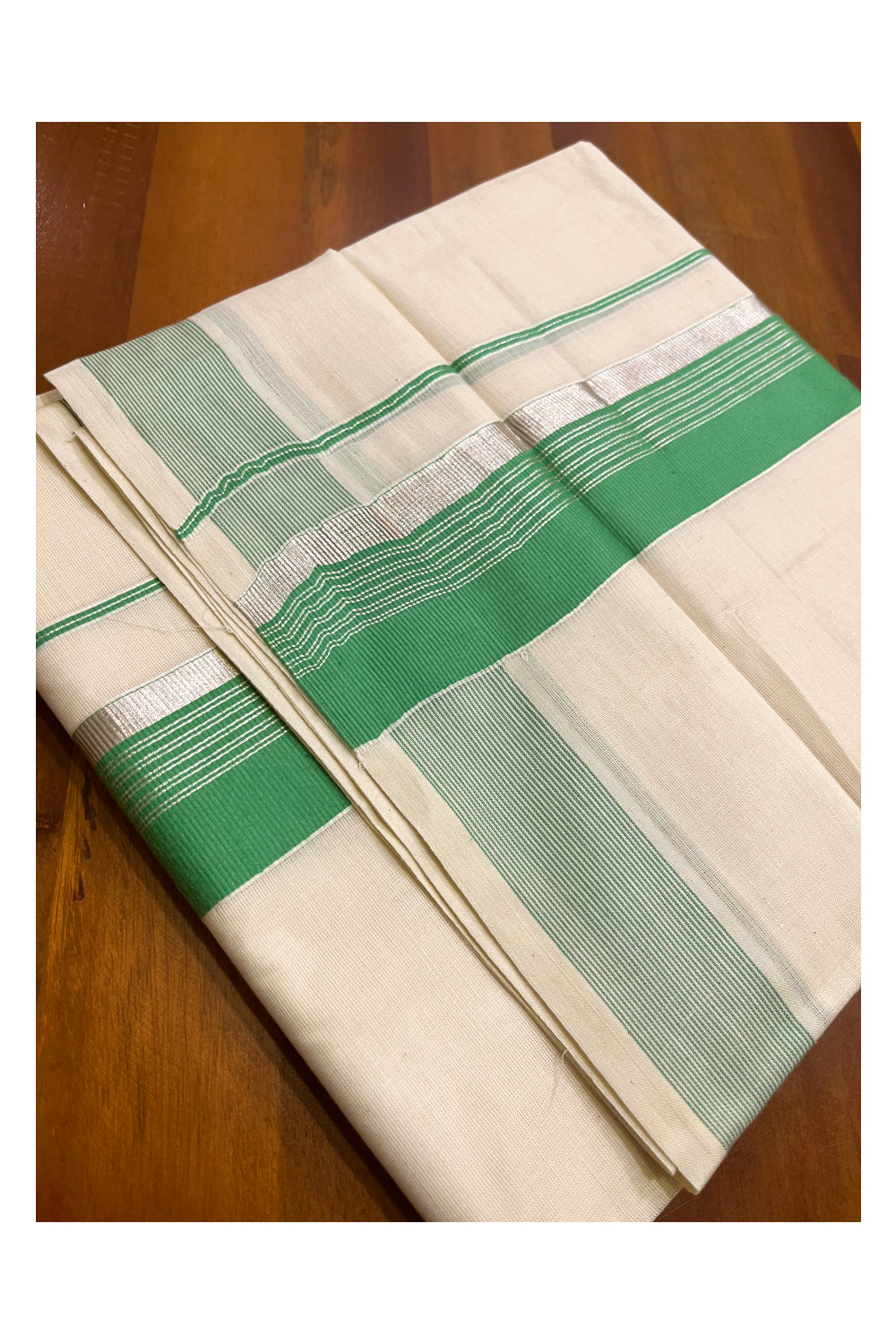 Off White Kerala Cotton Double Mundu with Silver Kasavu and Light Green Border (South Indian Kerala Dhoti)