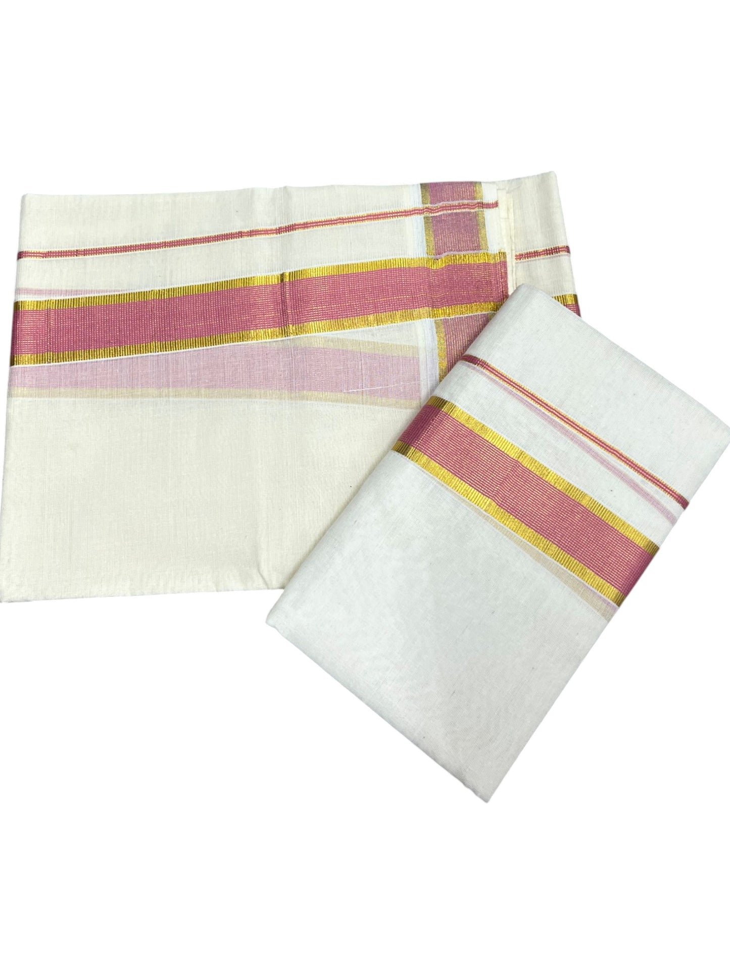 Southloom Pure Cotton Kerala Kasavu Set Mundu (Mundum Neriyathum) Kasavu & Light Pink Border in 2.80 Mtrs SLKK SL470