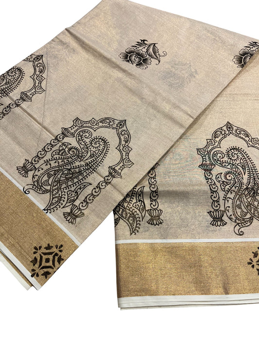 Kerala Tissue Kasavu Saree with Black Floral Block Printed Designs