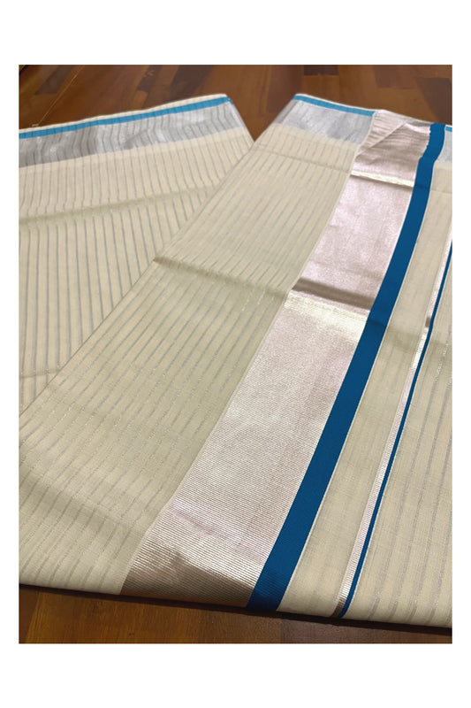 Pure Cotton Kerala Silver Kasavu Lines Saree with 3 inch Blue and Silver Border (Onam Saree 2023)