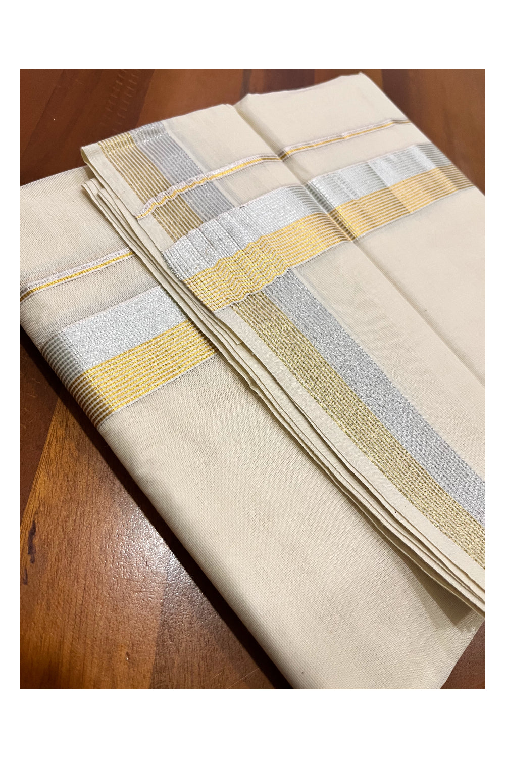 Kerala Pure Cotton Double Mundu with Silver and Golden Kasavu Border (South Indian Kerala Dhoti)