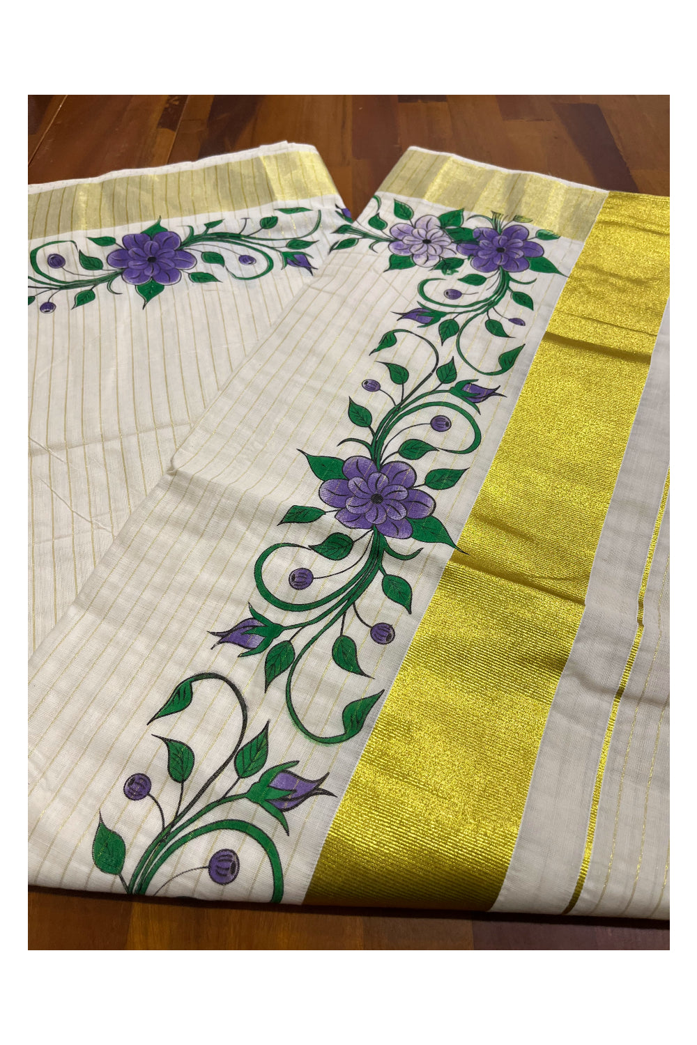 Kerala Pure Cotton Violet Floral Printed and Kasavu Lines Saree