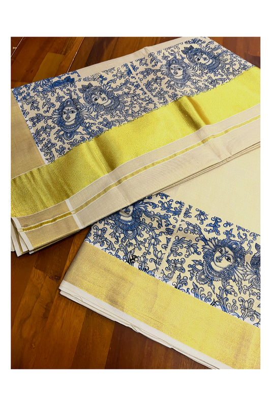 Kerala Tissue Kasavu Saree with Dark Blue Krishna Radha Floral Prints on Border And Pallu. (Vishu 2024 Collection)