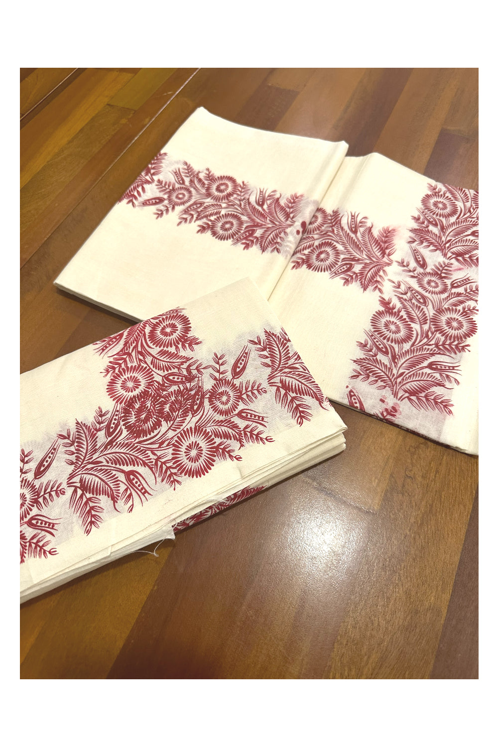 Kerala Cotton Set Mundu (Mundum Neriyathum) with Maroon Floral Block Printed Border (Onam Set Mundu 2023)