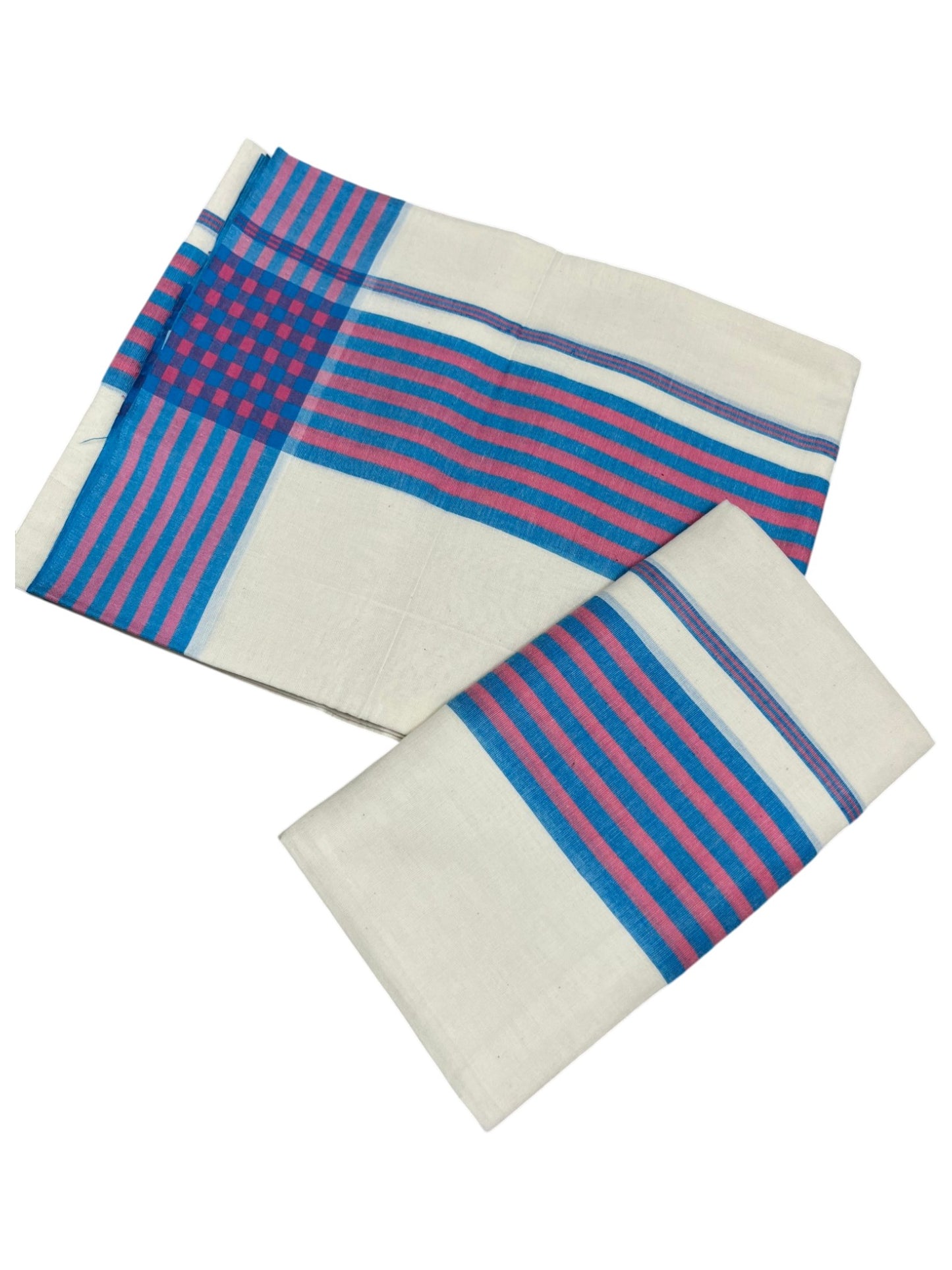 Southloom Pure Cotton Kerala Single Mulloth Set Mundu (Mundum Neriyathum) Blue & Pink Border in 2.50 mtrs SL243