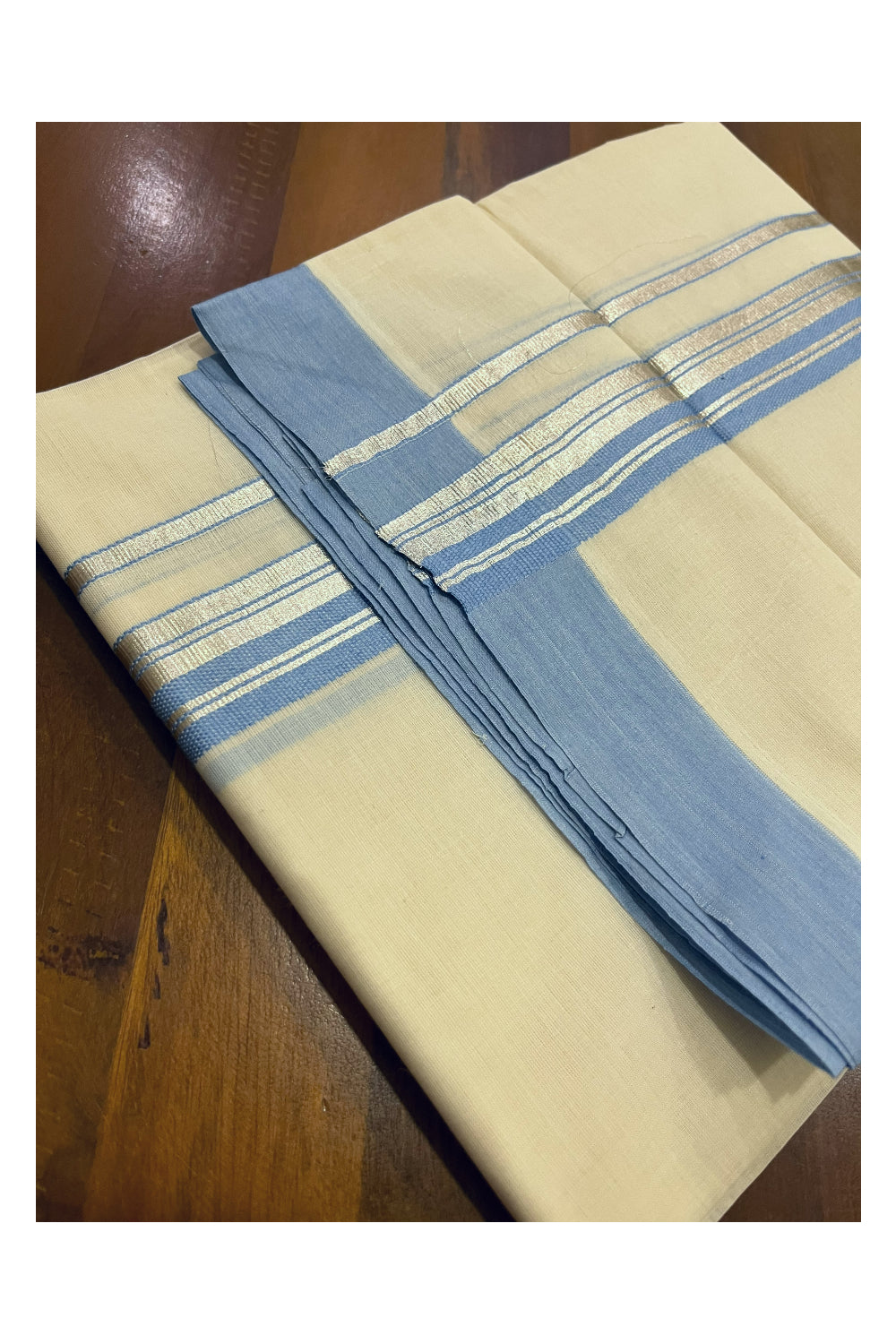 Pure Cotton 100x100 Double Mundu with Silver Kasavu and Light Blue Border (Onam Mundu 2023)