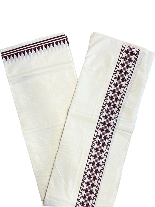 Southloom Pure Cotton Double Mundu with Block Prints on Maroon Kara (South Indian Kerala Dhoti)