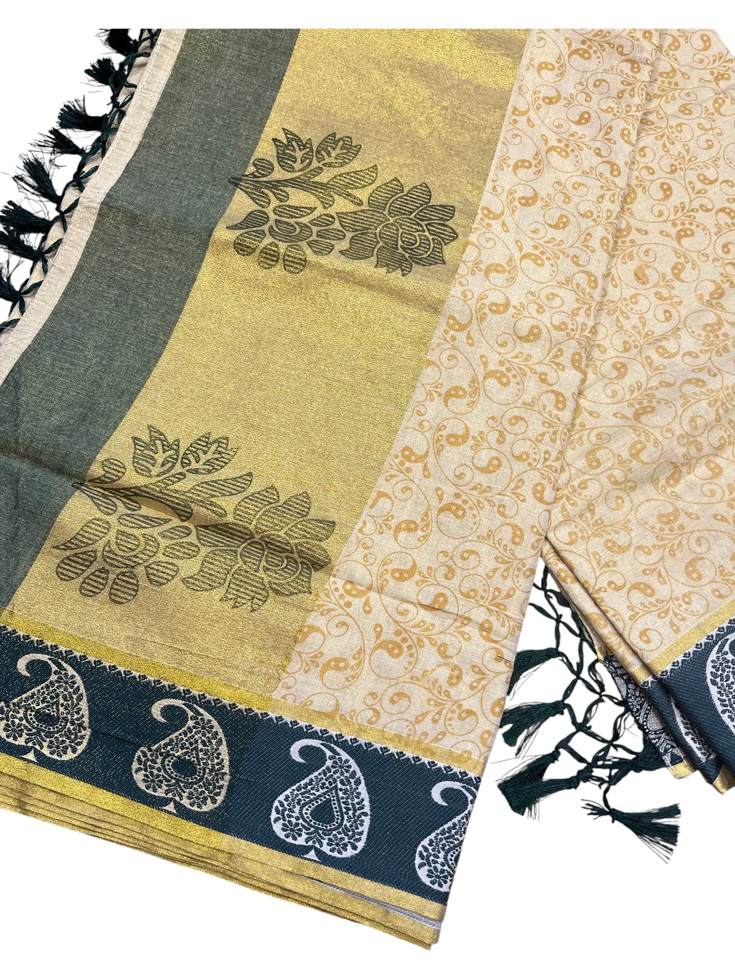 Southloom Kerala Tissue Kasavu Printed Saree with Green Floral Embroidery Works and Tassels