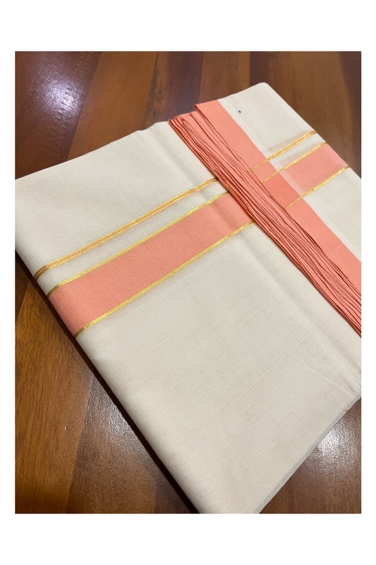 Southloom Premium Balaramapuram Unakkupaavu Handloom Mundu with Peach and Kasavu Border (South Indian Kerala Dhoti)