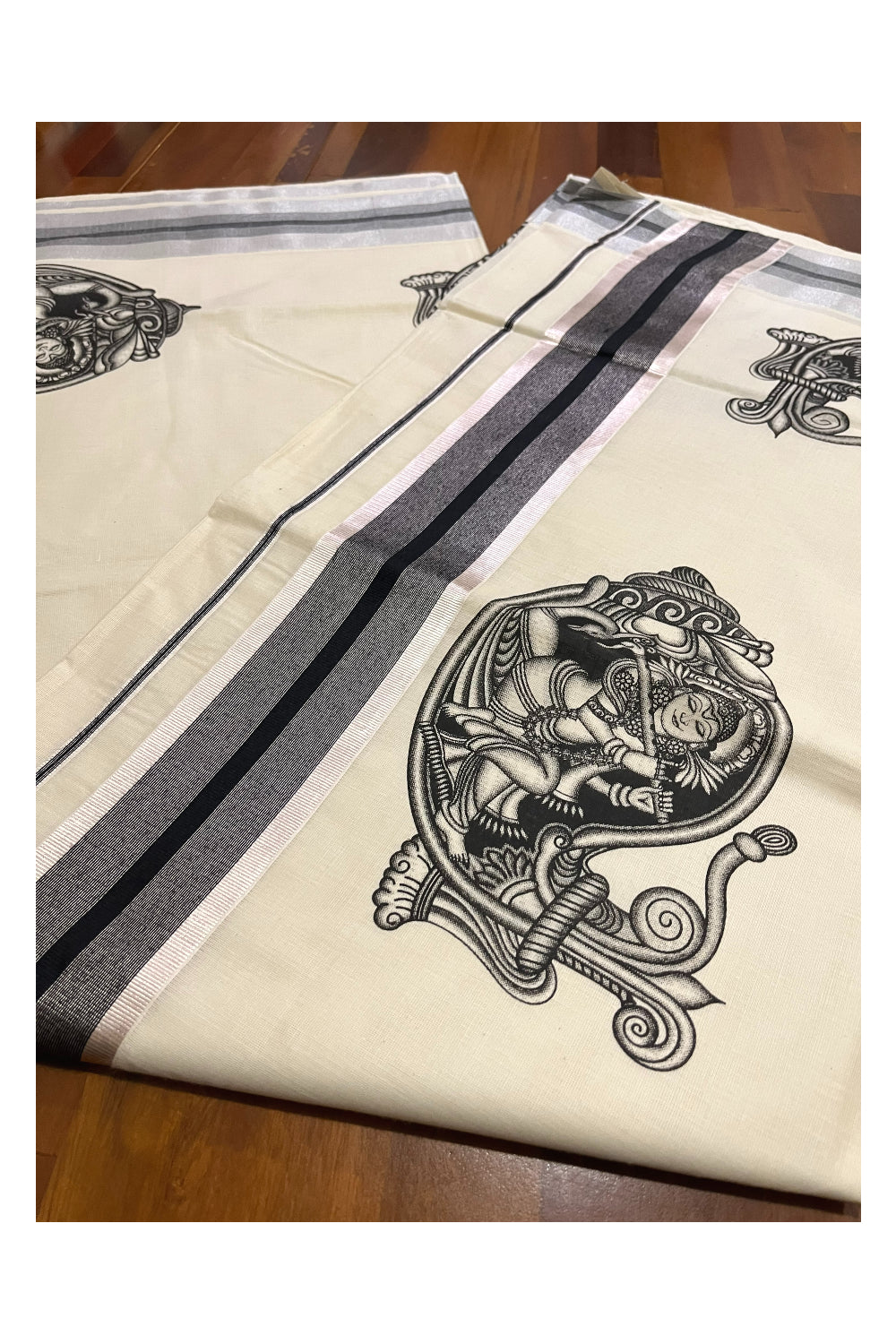 Pure Cotton Kerala Silver Kasavu Saree with Krishna on Shell Mural Prints and Black Border