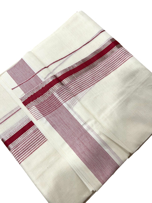 Southloom Kerala Pure Cotton Double Mundu with Silver Lines & Maroon Border (South Indian Dhoti)