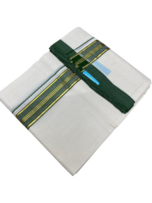 Southloom Balaramapuram Premium Handloom Cotton Double Mundu with Gold Kasavu and Green Border