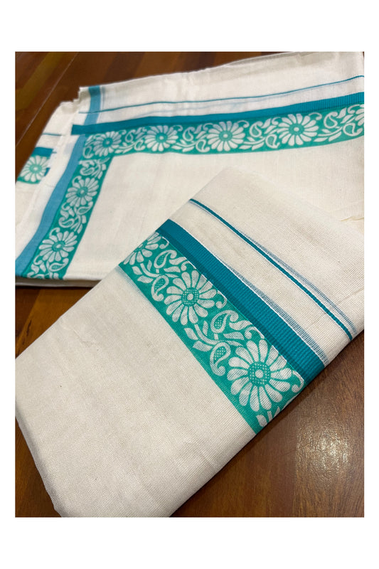 Kerala Cotton Kasavu Single Set Mundu (Mundum Neriyathum) with Green Kara and  Block prints (Onam 2024 Collection)