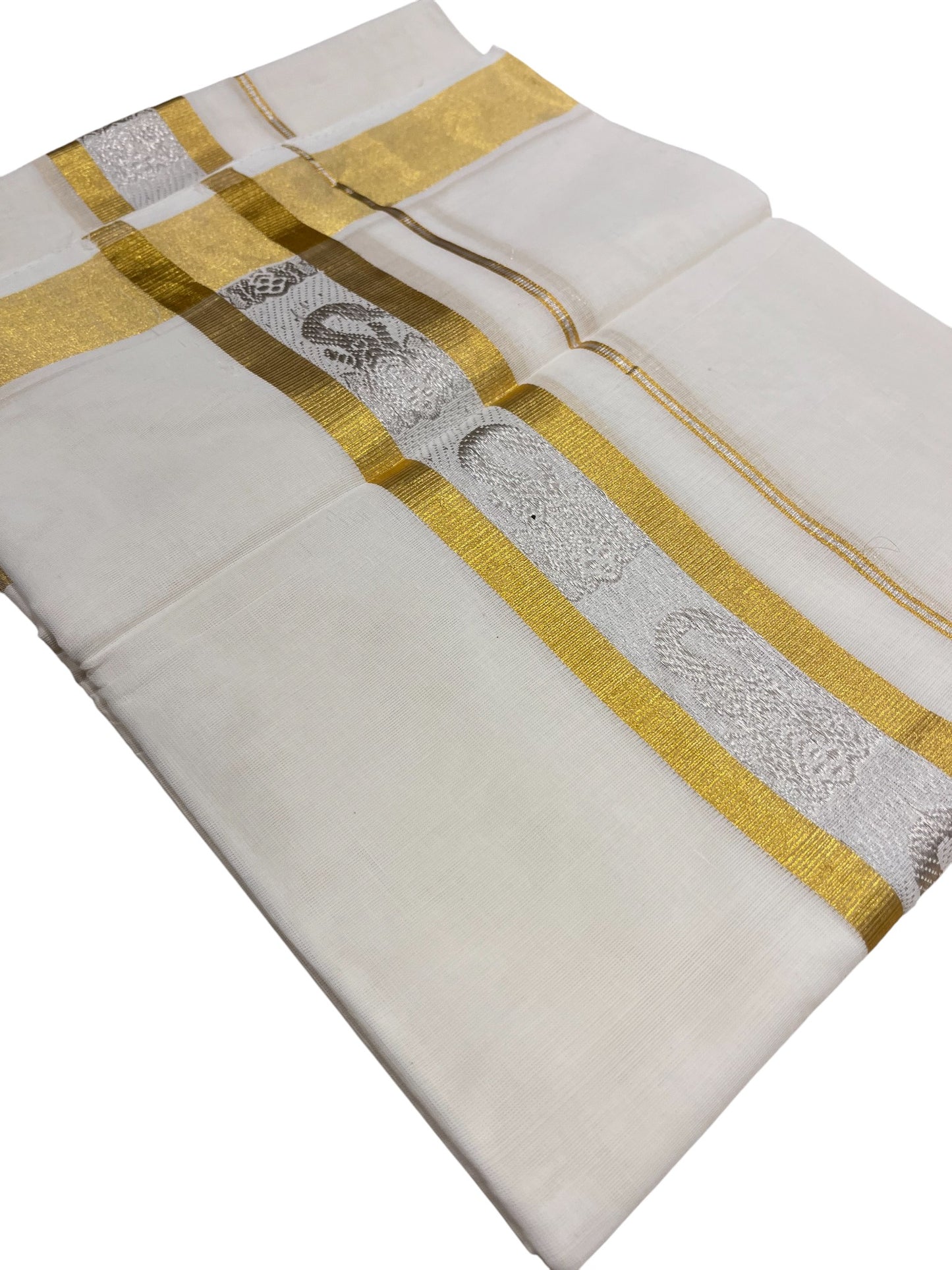 Southloom Premium Handloom Cotton Double Mundu with Gold And Silver Woven Work Kasavu Border