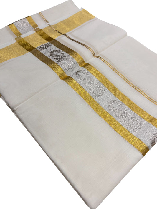 Southloom Premium Handloom Cotton Double Mundu with Gold And Silver Woven Work Kasavu Border