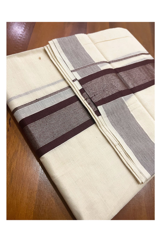 Pure Cotton Double Mundu with Brown and Silver Kasavu Kara (South Indian Kerala Dhoti)