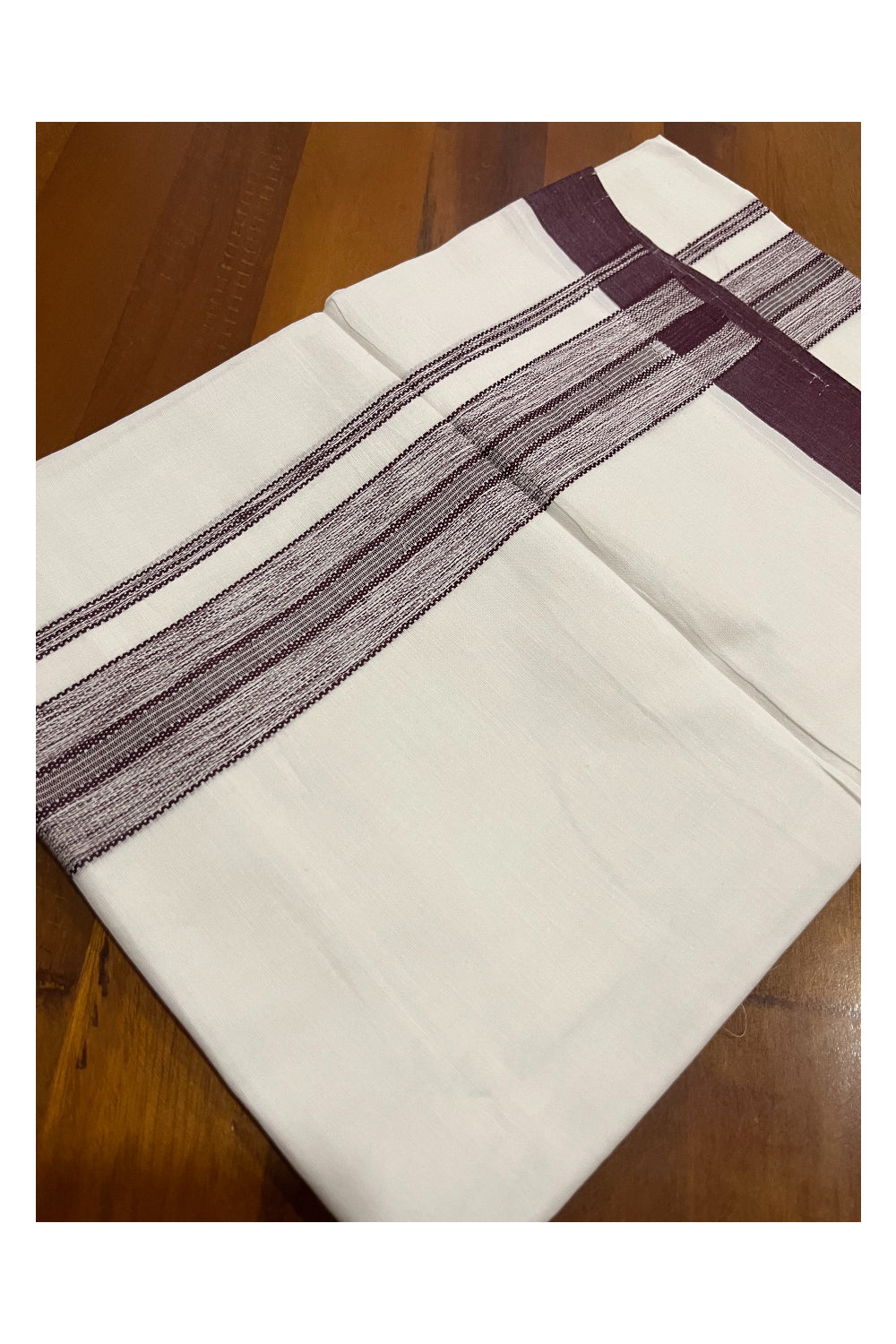 Pure White Cotton Double Mundu with Purple Border (South Indian Kerala Dhoti)