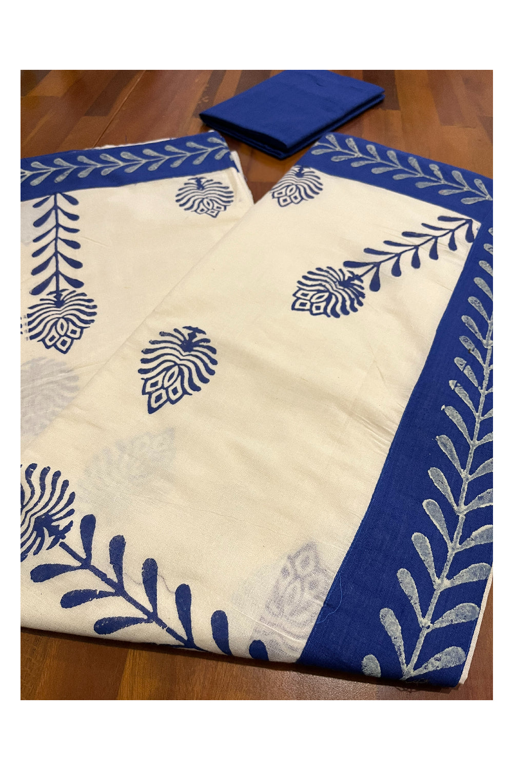 Pure Cotton Onam 2023 Kerala Saree with Hand Block Blue Batik Prints