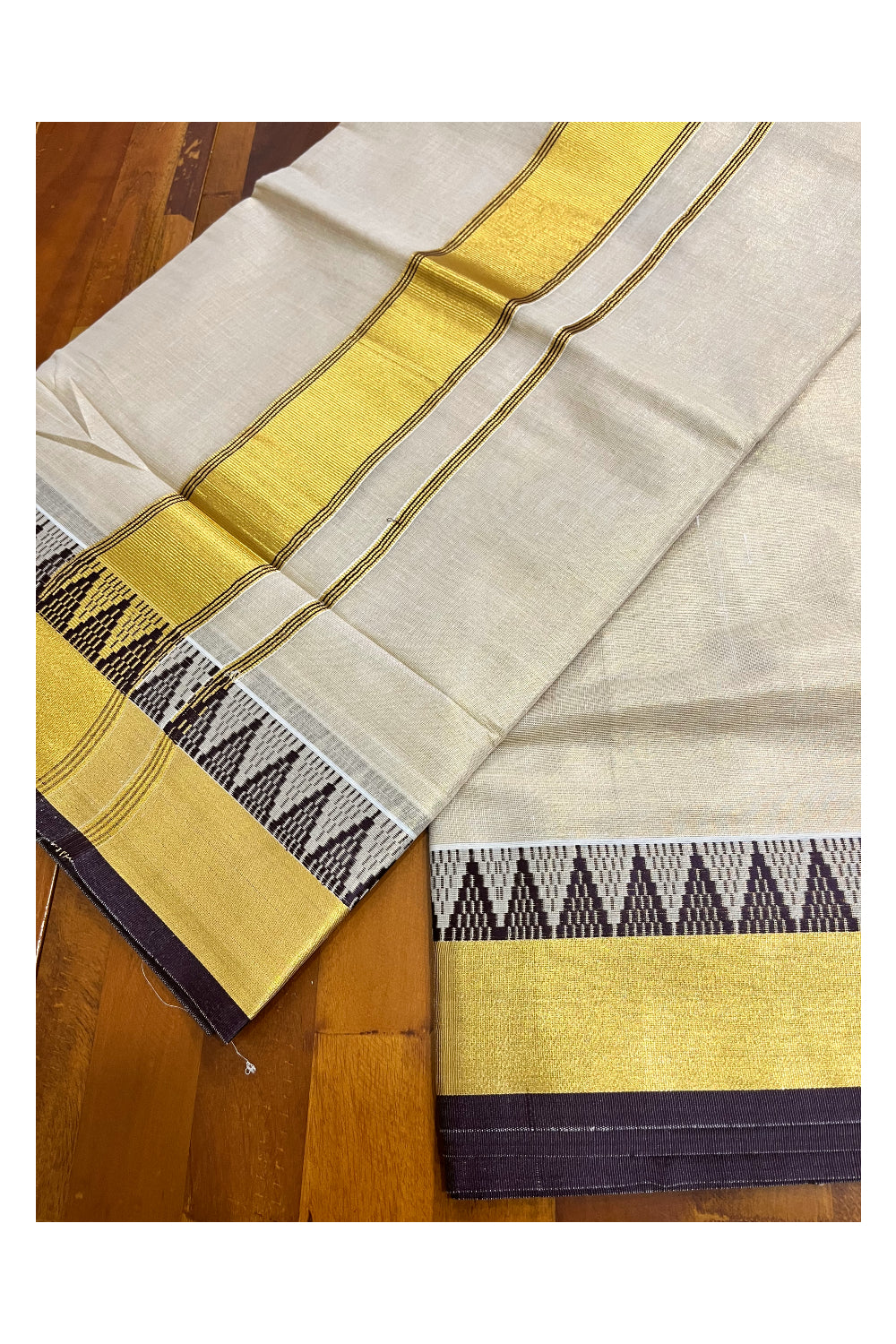 Kerala Tissue Saree with Kasavu and Brown Temple Woven Designs on Border (Vishu 2024 Collection)