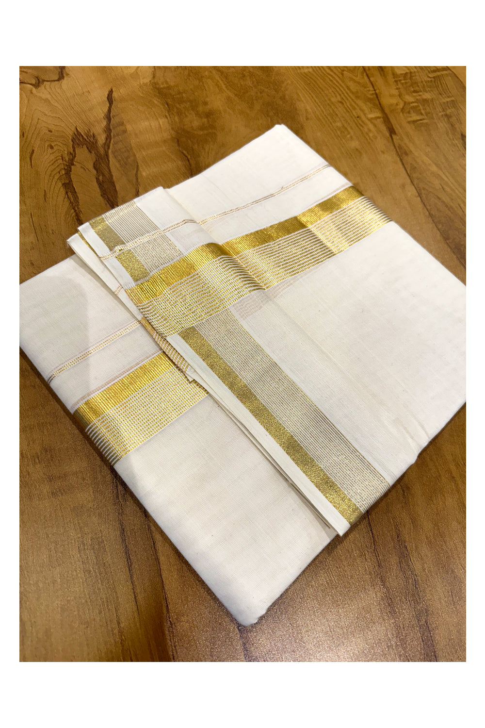 Off White Pure Cotton Double Mundu with Kasavu Lines Border (South Indian Kerala Dhoti)