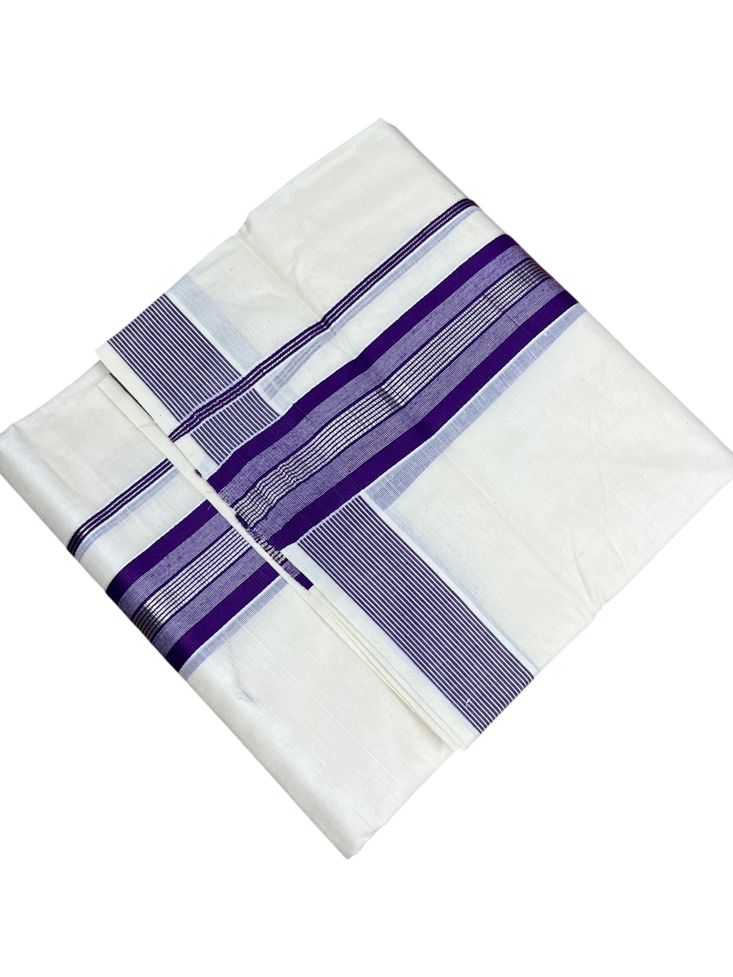 Southloom Pure Cotton Mundu with Silver Lines and Violet Border (South Indian Kerala Dhoti)