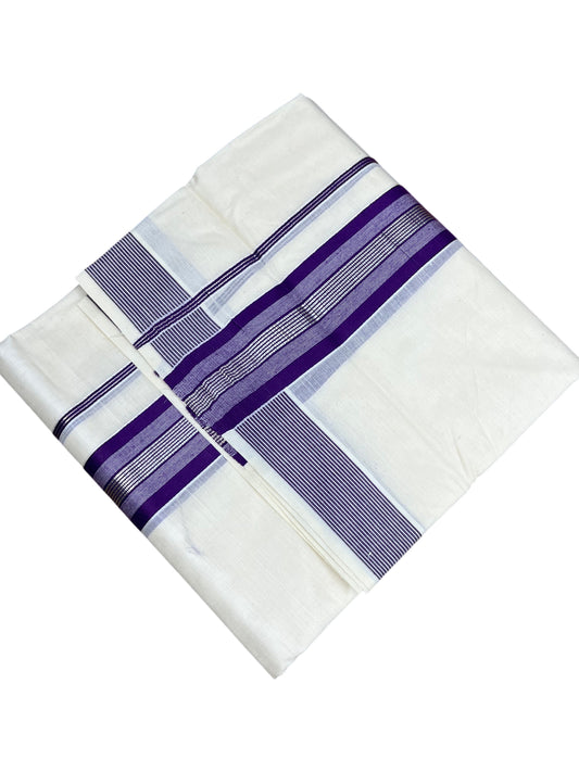 Southloom Pure Cotton Mundu with Silver Lines and Violet Border (South Indian Kerala Dhoti)