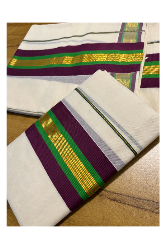 Kerala Cotton Kasavu Set Mundu (Mundum Neriyathum) with Purple and Green Border 2.80 Mtrs