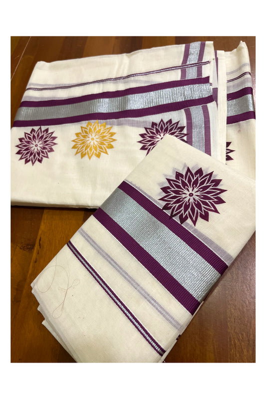 Kerala Cotton Mundum Neriyathum Single (Set Mundu) with Purple Golden Floral Block Prints in Purple Silver Kasavu Border