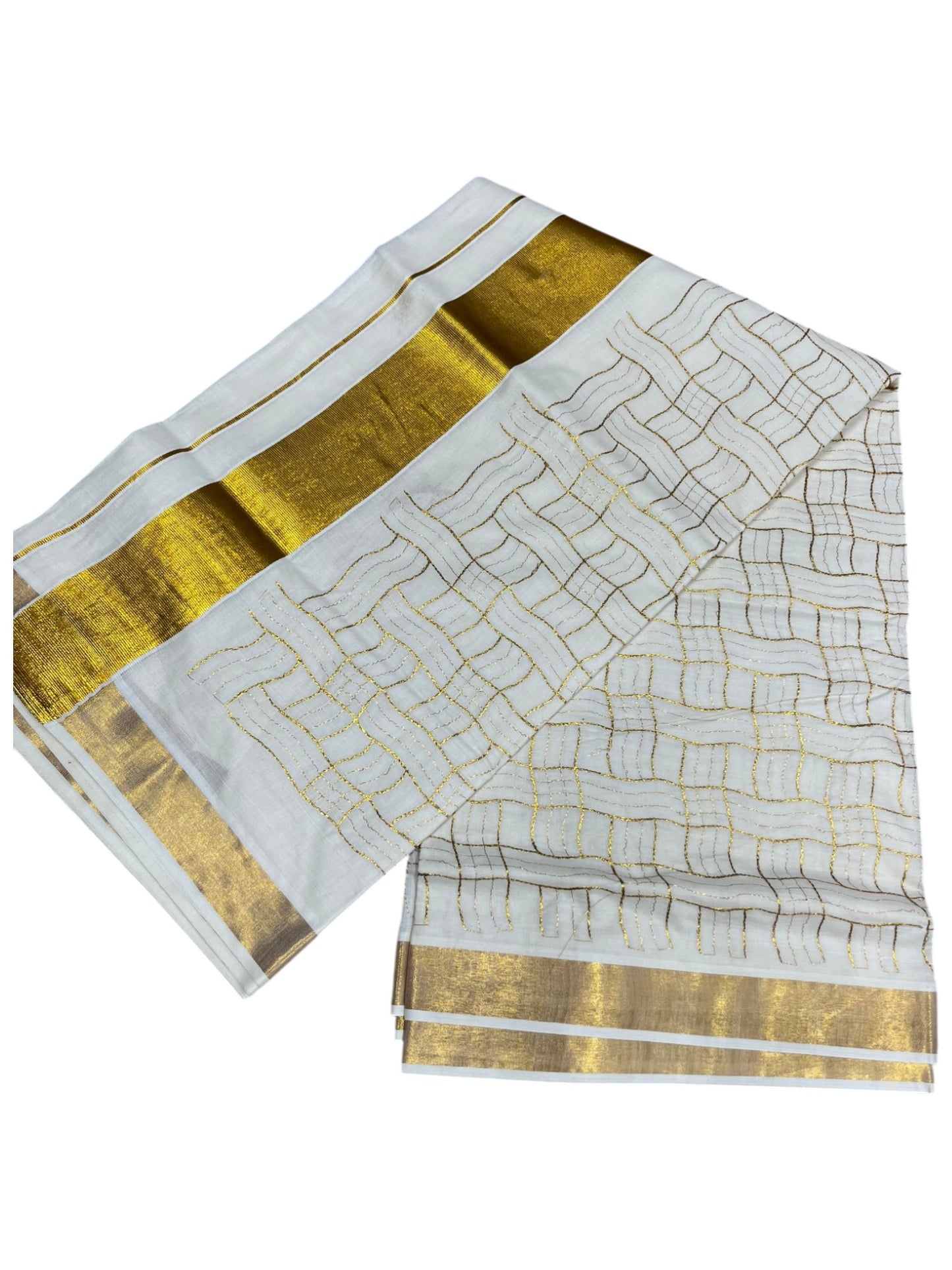 Southloom Cotton Kerala Kasavu Saree with Golden Embroidery Work on Body