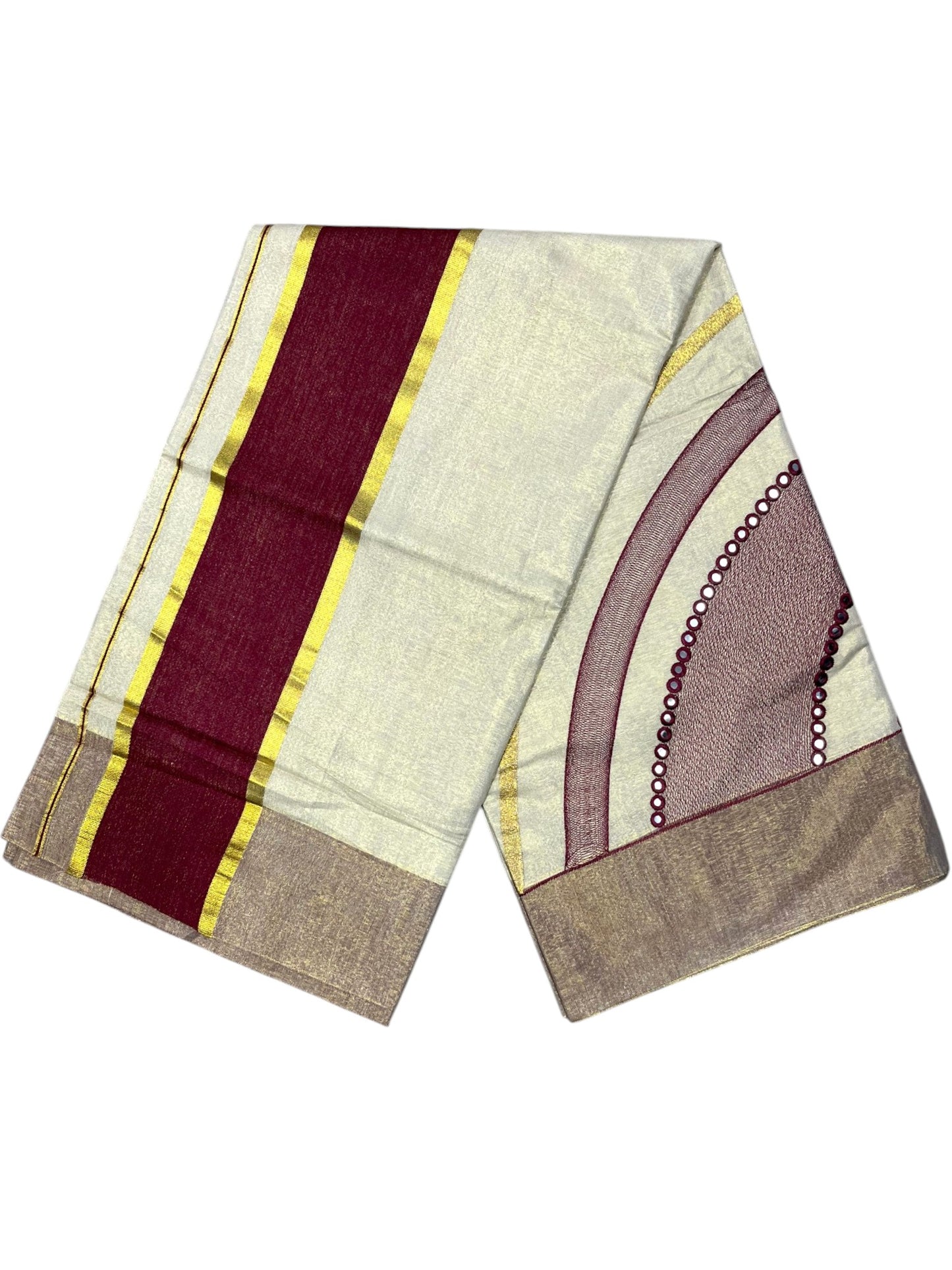 Southloom Kerala Tissue Kasavu Saree with Maroon Mirror Work