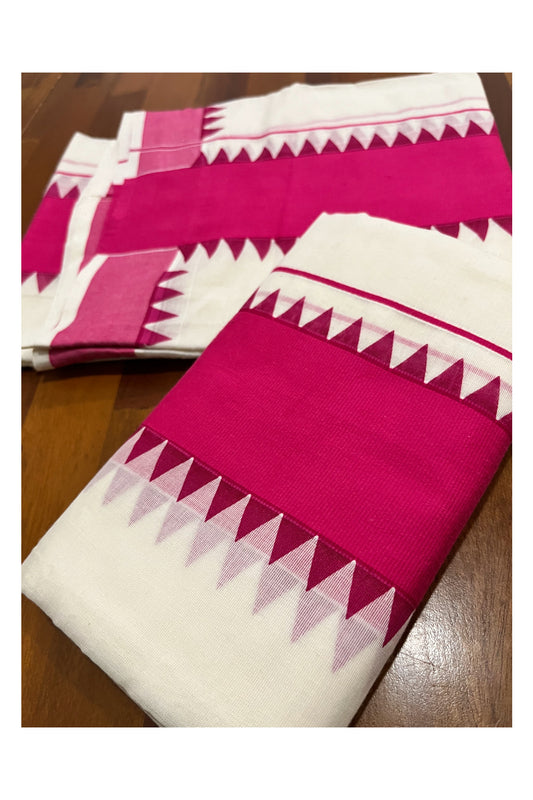 Kerala Pure Cotton Set Mundu Single (Mundum Neriyathum) with Bright Magenta Temple Border 2.80 Mtrs