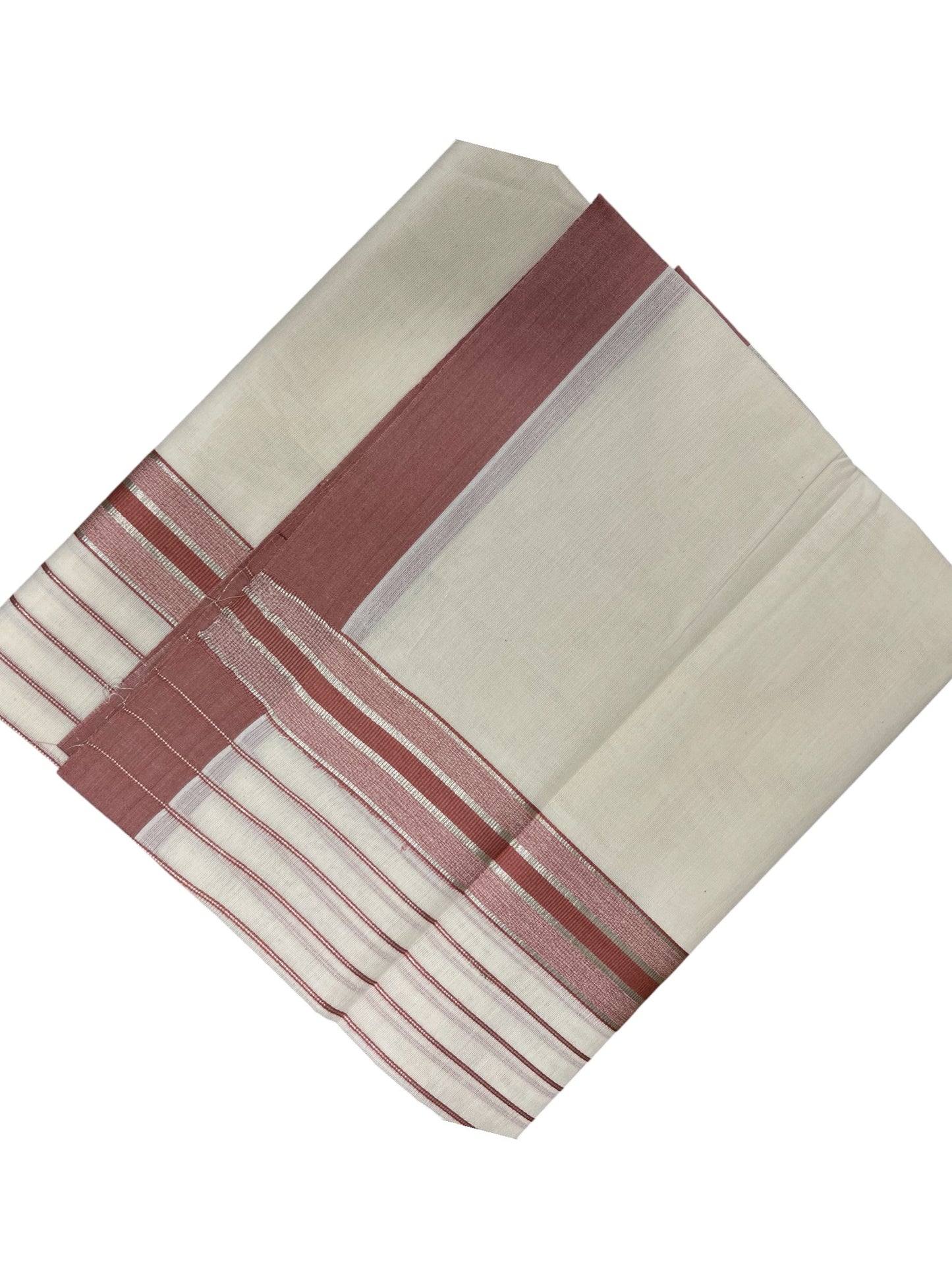 Southloom Kerala Pure Cotton Double Mundu with Peach And Silver Lines Border (South Indian Dhoti)