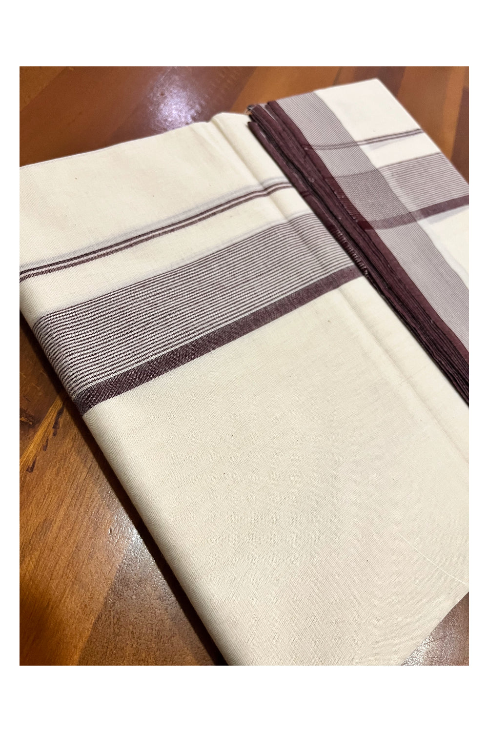 Pure Cotton 100x100 Double Mundu with Brown Line Border (South Indian Kerala Dhoti)