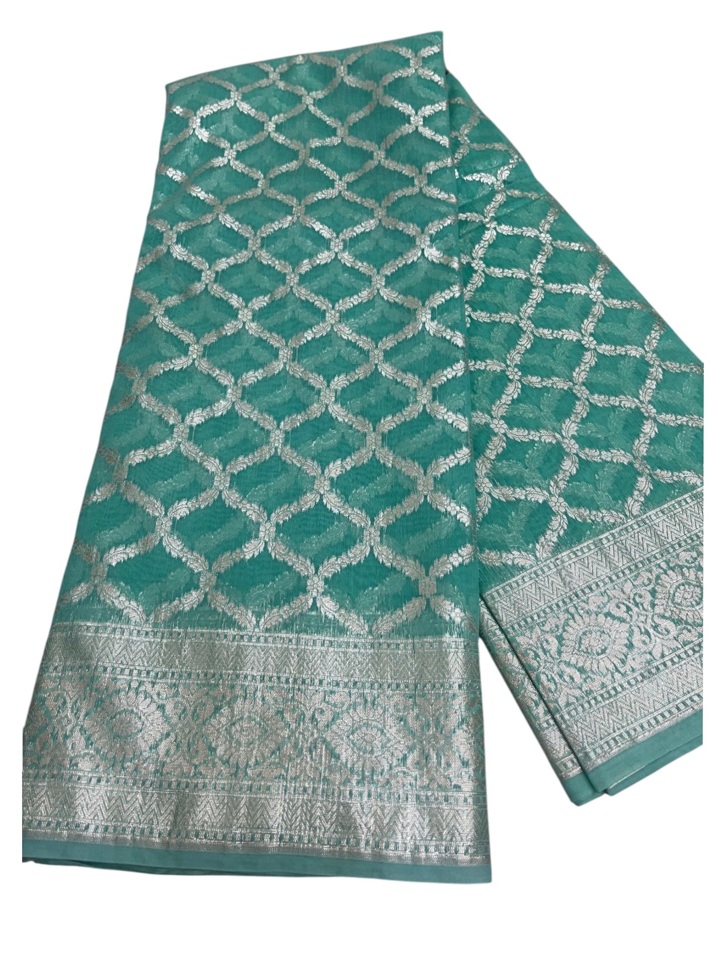 Southloom Cotton Banarasi Silk Saree with Woven Work on Body and Borders (Green)