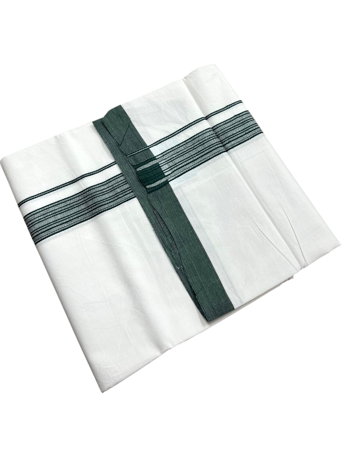 Southloom Pure White Cotton Mundu with Green Lines Border (South Indian Kerala Dhoti)