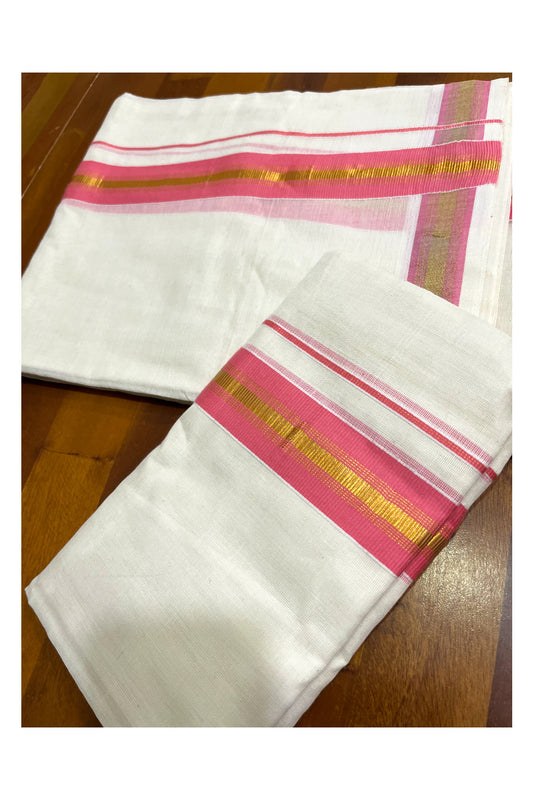 Kerala Cotton Set Mundu (Mundum Neriyathum) with Pink and Kasavu Border