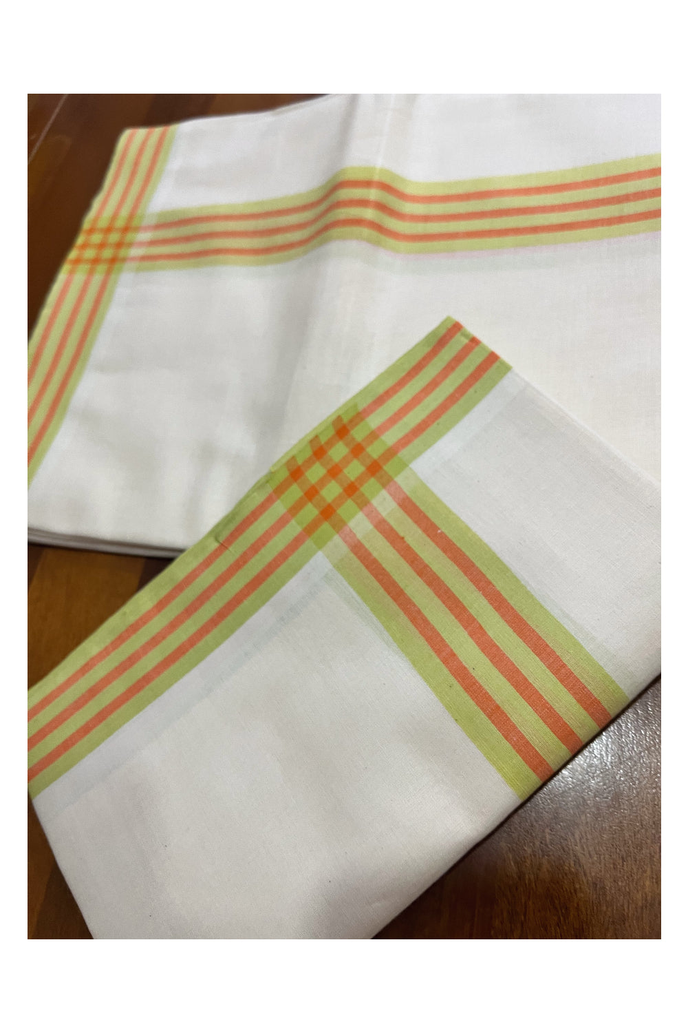 Kerala Cotton Mulloth Mundum Neriyathum Single (Set Mundu) with Orange Light Green Border (Extra Soft Cotton) 2.80 Mtrs