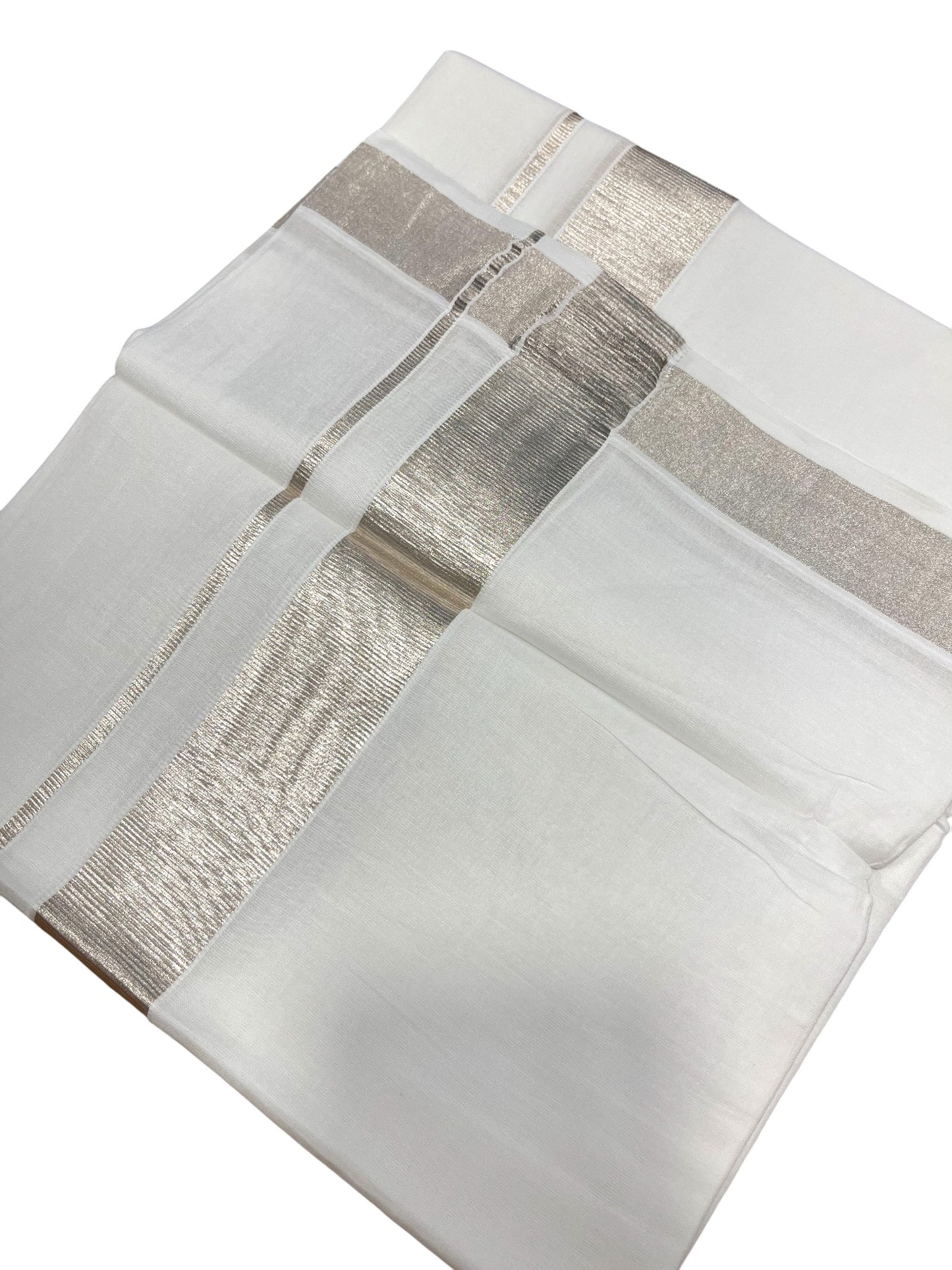 Pure White Cotton Double Mundu with Silver Kara (South Indian Dhoti)
