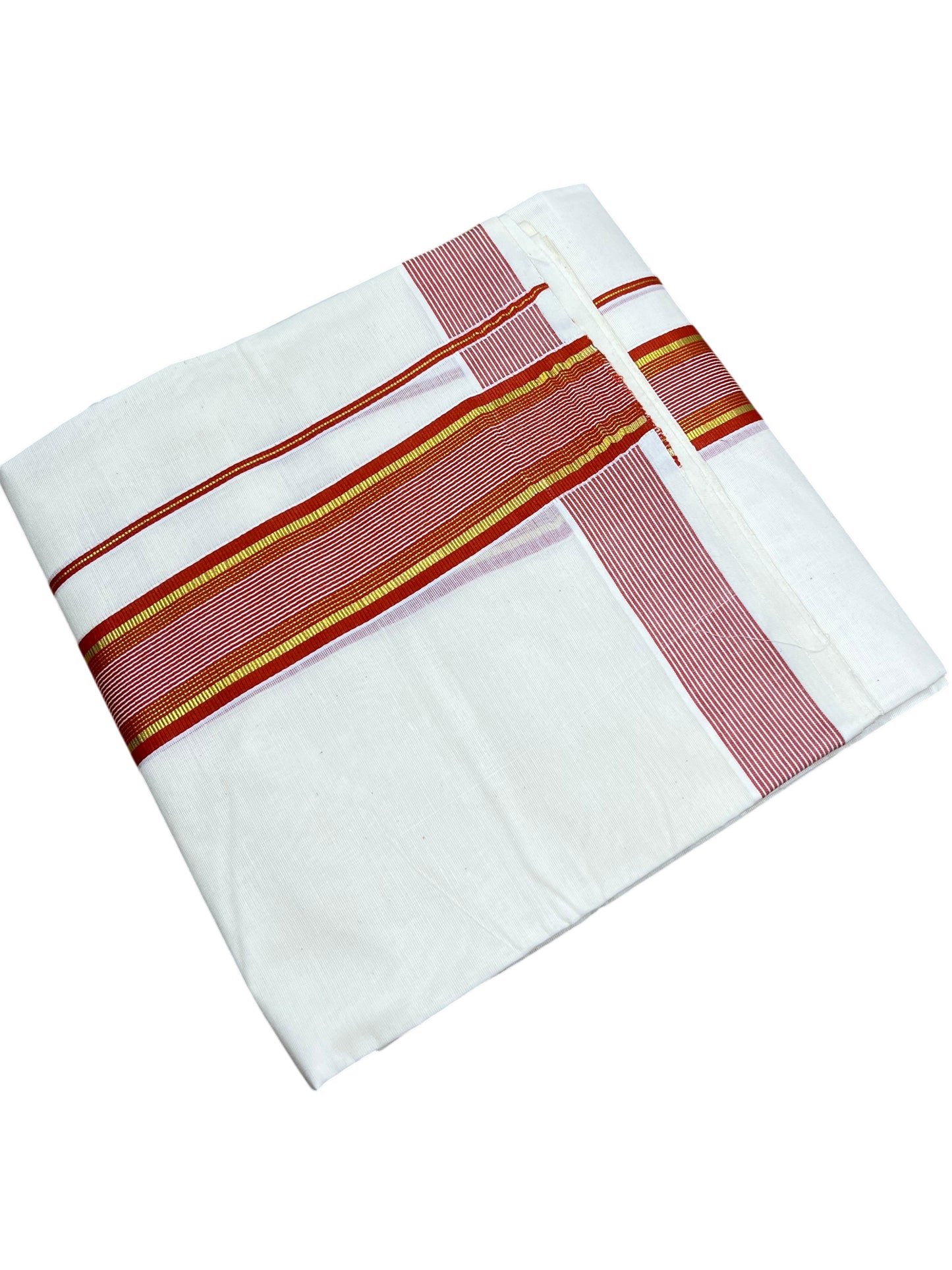 Southloom Pure Cotton Mundu with Gold lines& Orange Border (South Indian Kerala Dhoti)