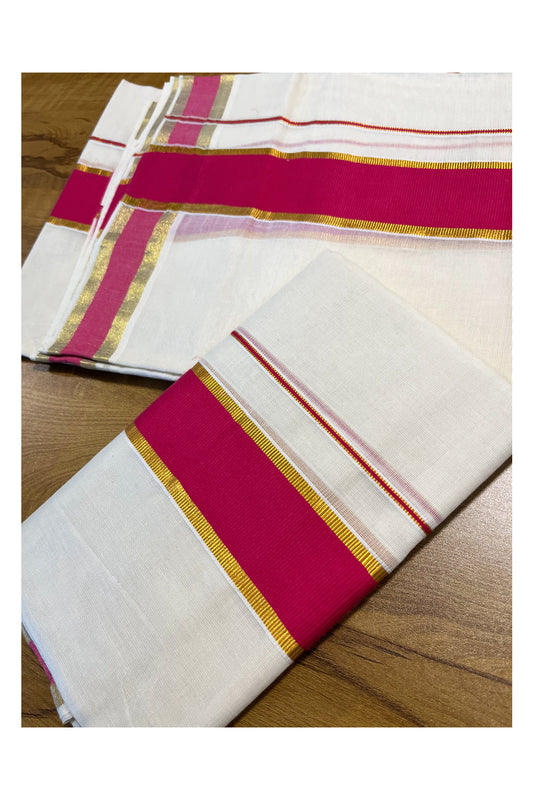 Kerala Cotton Mundum Neriyathum Single (Set Mundu) with Dark Pink and Kasavu Border