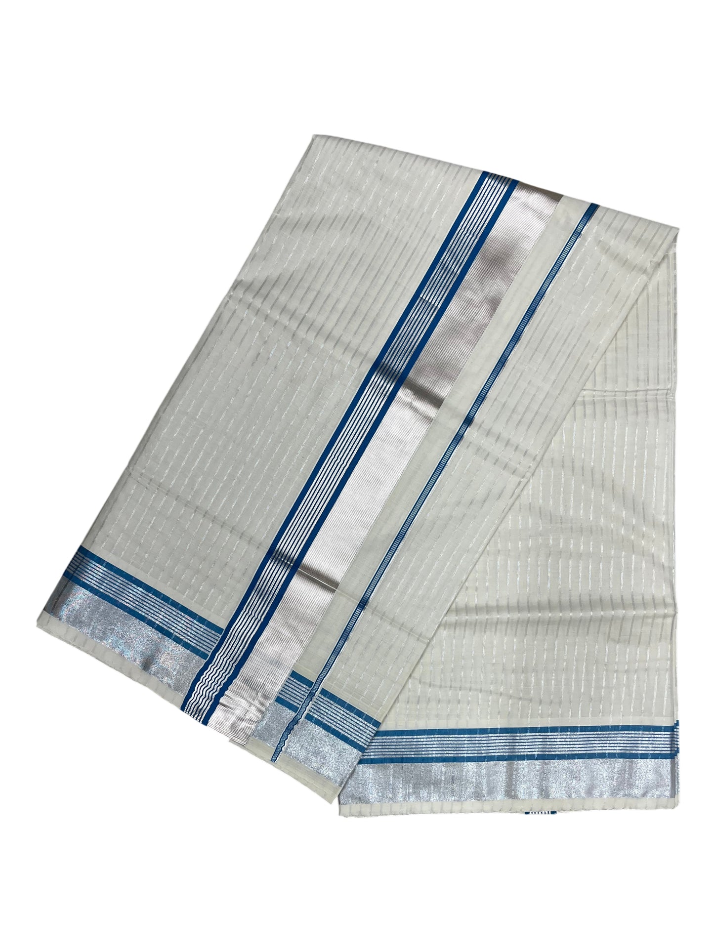 Southloom Pure Cotton Kerala Silver Kasavu Lines Saree with Blue and Silver Border