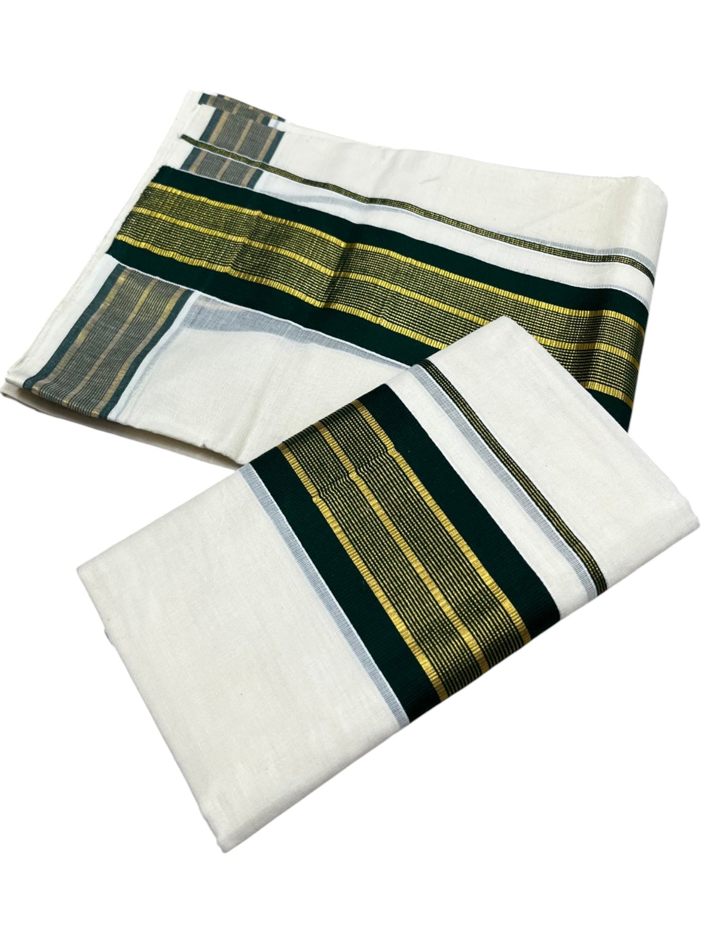 Southloom Kerala Cotton Kasavu Single Set Mundu (Mundum Neriyathum) with Green Kasavu Border SLKK