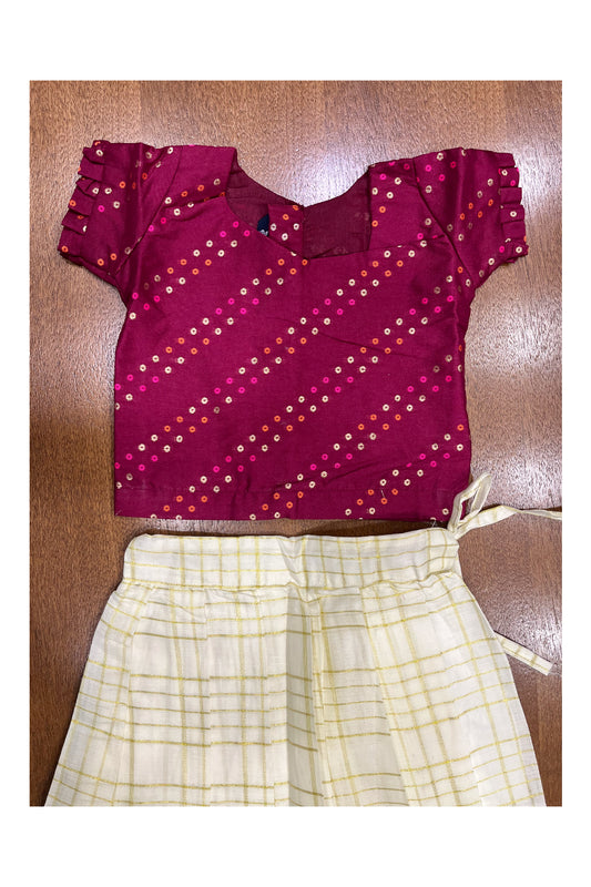 Southloom Kerala Maroon And Tissue Kasave Pavada Blouse with Bead Work for Kids (Age 1 - 5)