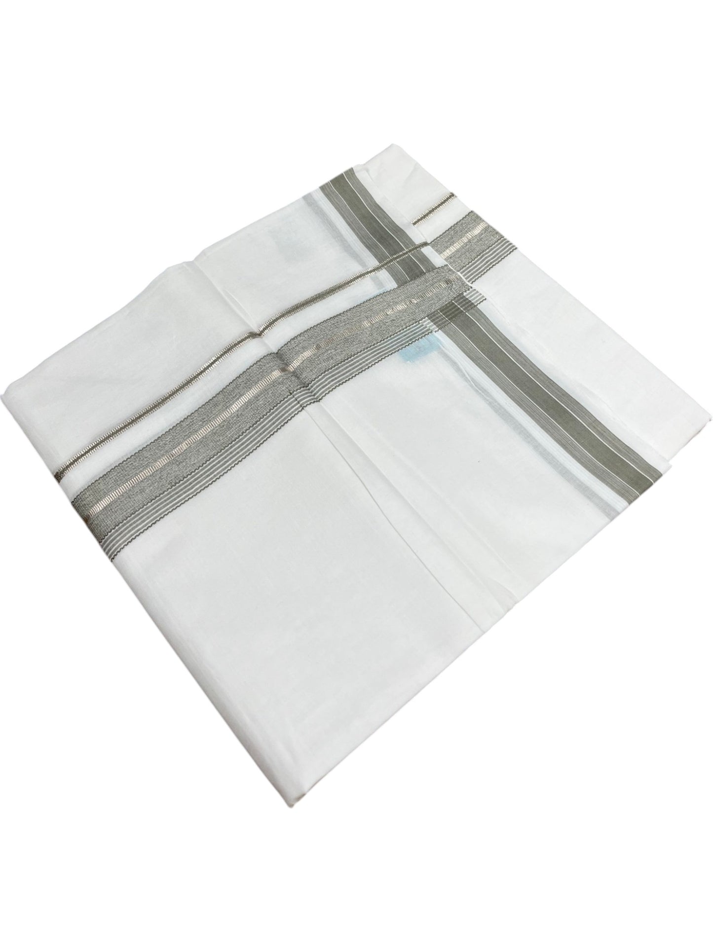 Southloom Kerala Pure White Cotton Double Mundu with Silver Line & Olive Green Border (South Indian Dhoti)